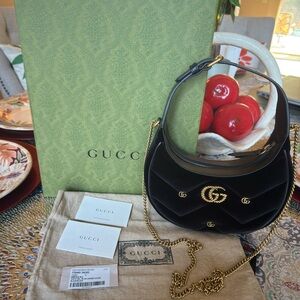 Gucci GG Marmont Half Moon Black Velvet Chain Shoulder Bag